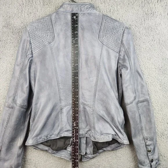 Y2K Vegan Faux Leather Cafe Racer Moto Jacket Women's Small Slate Blue Petina - Picture 7 of 13